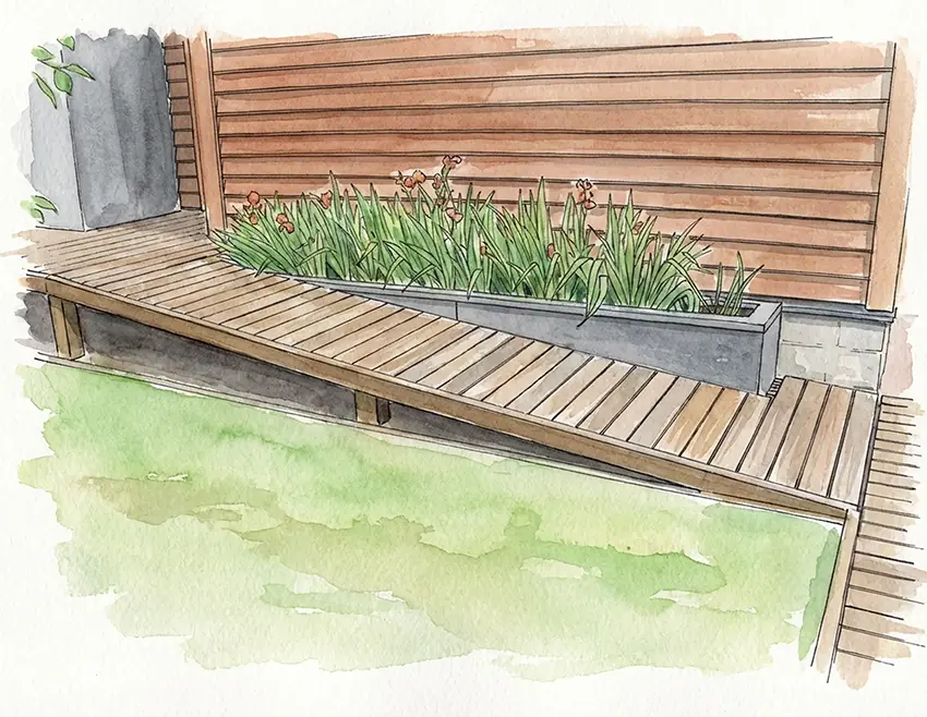 Aging-in-Place Accessible Ramp & Entry Solutions Austin TX | Age in Place in Style Watercolor illustration of a beautifully designed wood ramp integrated into a home's exterior — aging-in-place accessible entry and ramp solution in Austin, TX