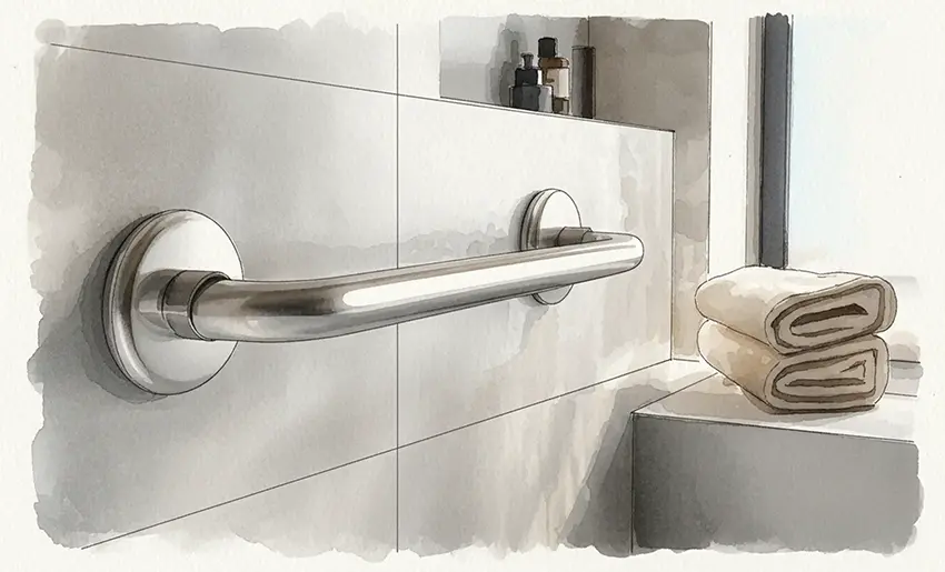 Aging-in-Place Bathroom Grab Bar Installation Austin TX | Age in Place in Style Watercolor illustration of a brushed nickel grab bar installed in a modern tiled bathroom — aging-in-place grab bar installation in Austin, TX