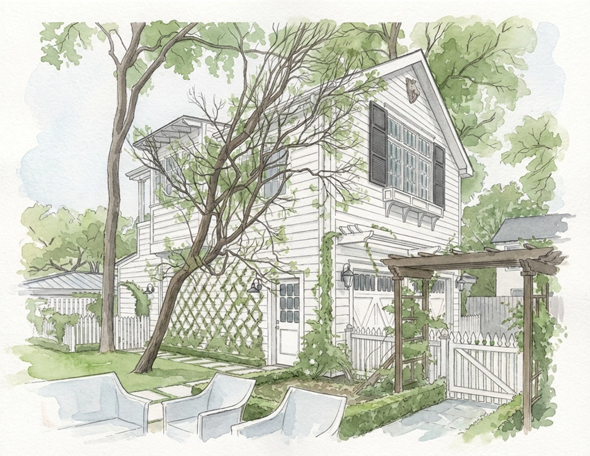 Aging-in-Place Home Addition & Caregiver Suite Austin TX | Age in Place in Style Watercolor illustration of a garage apartment addition for aging-in-place caregiver accommodations — home addition remodeling in Austin, TX