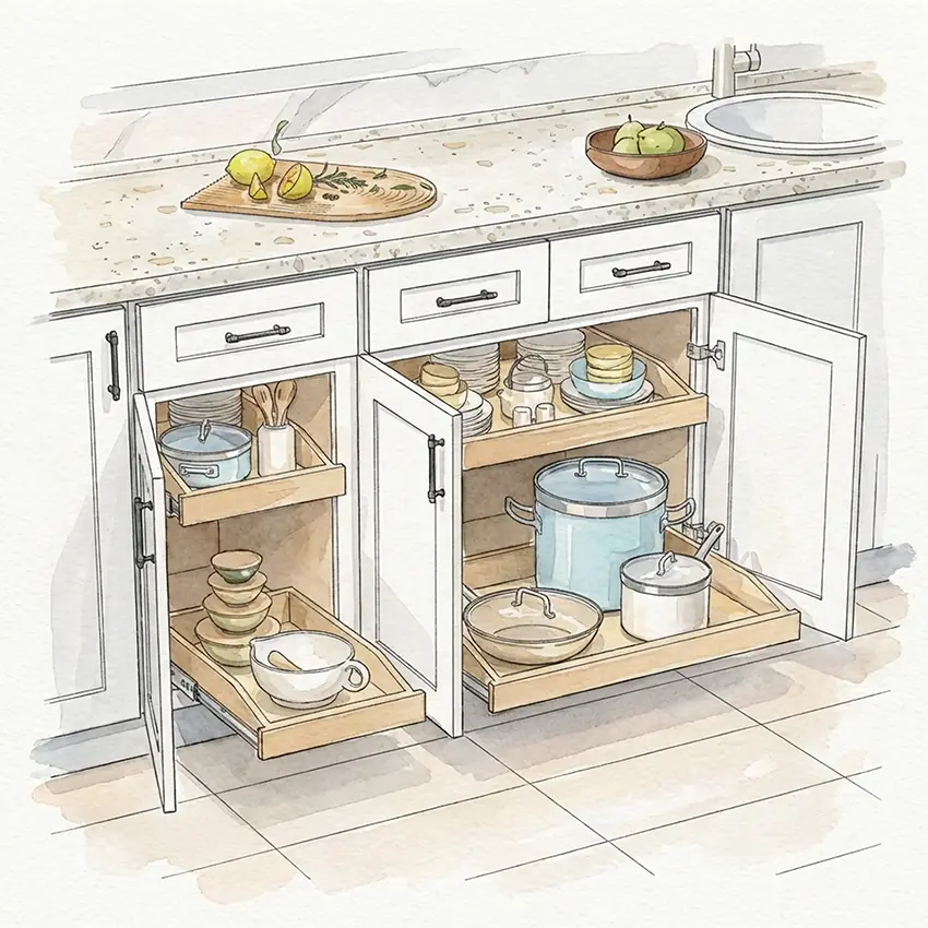 Aging-in-Place Kitchen Pull-Out Shelves & Accessible Storage Austin TX | Age in Place in Style Watercolor illustration of kitchen cabinets with pull-out shelves and roll-out storage — aging-in-place kitchen accessibility upgrade in Austin, TX