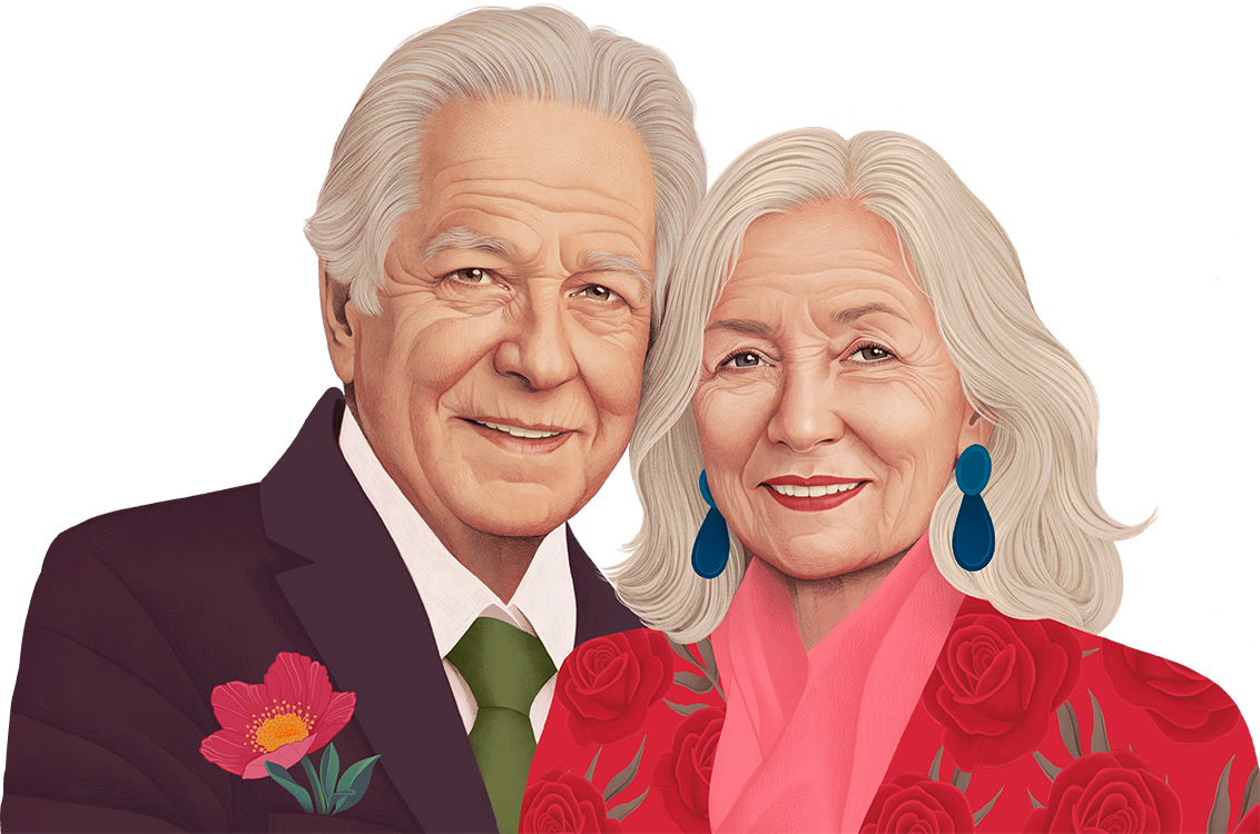 Illustrated portrait of an elegant older couple planning an aging-in-place remodeling project in Austin, TX