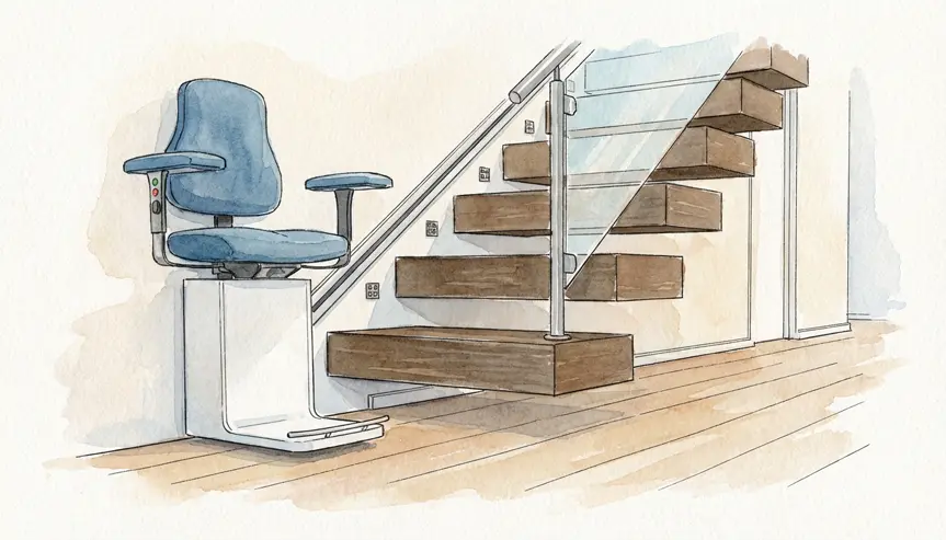 Stair Lift Installation for Aging in Place Austin TX | Age in Place in Style Illustrated rendering of a residential stair lift on a modern staircase — aging-in-place vertical access solution for Austin, TX homes