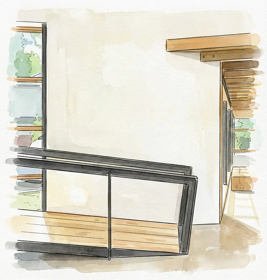 Aging-in-Place Stair Railing & Safety Upgrade Austin TX | Age in Place in Style Watercolor illustration of a modern steel and glass stair railing and guardrail — aging-in-place stair safety upgrade in Austin, TX