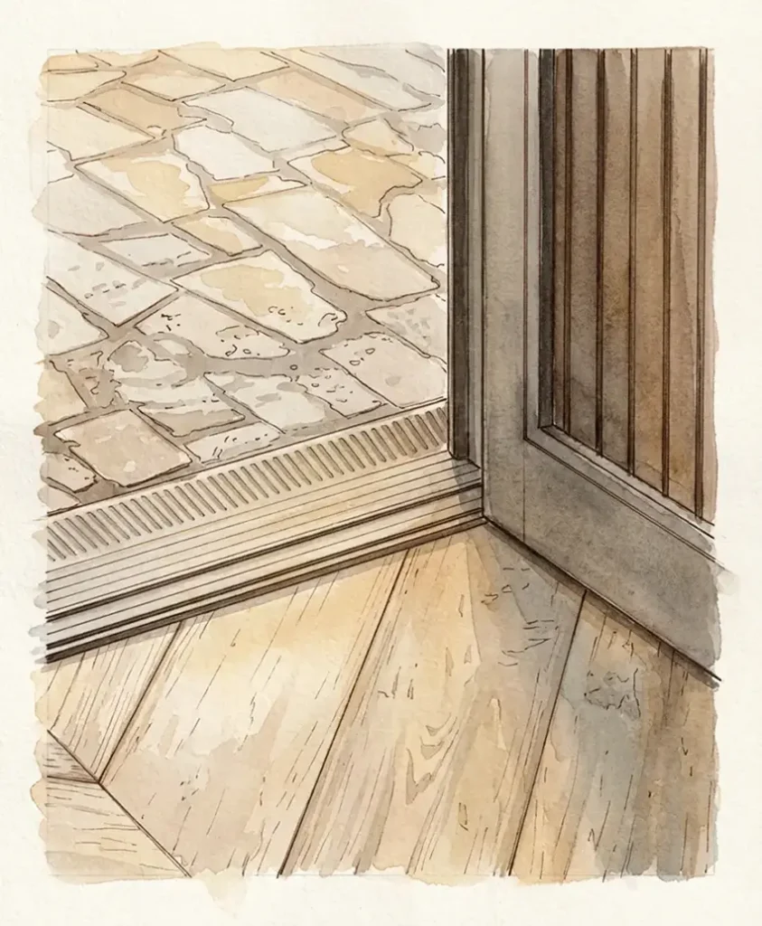Aging-in-Place Threshold & Flooring Transition Austin TX | Age in Place in Place in Style Watercolor illustration of a low-profile threshold transition between tile and hardwood flooring — aging-in-place trip hazard reduction in Austin, TX