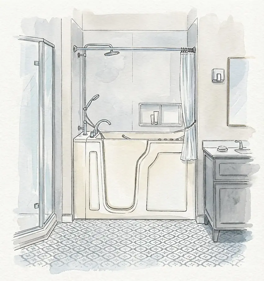 Aging-in-Place Walk-In Tub & Bathroom Remodeling Austin TX | Age in Place in Style Watercolor illustration of a walk-in tub with handheld showerhead and patterned tile floor — aging-in-place bathroom remodeling in Austin, TX