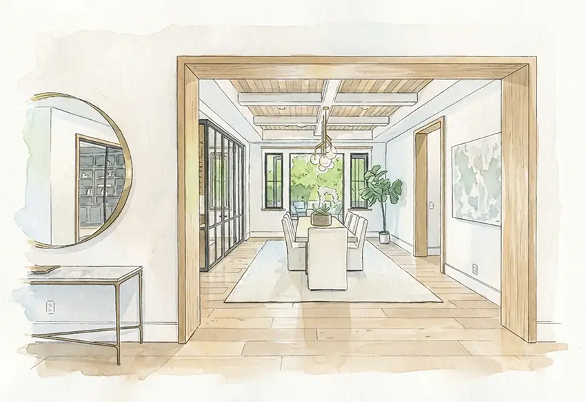 Aging-in-Place Doorway Widening & Whole-Home Accessibility Austin TX | Age in Place in Style Watercolor illustration of a wide doorway opening into an open-plan dining room — aging-in-place doorway widening and whole-home accessibility in Austin, TX